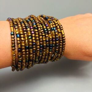 Wide Peacock Multi Strand Cuff Bracelet Beaded Bangle VNTG estate sale jewelry